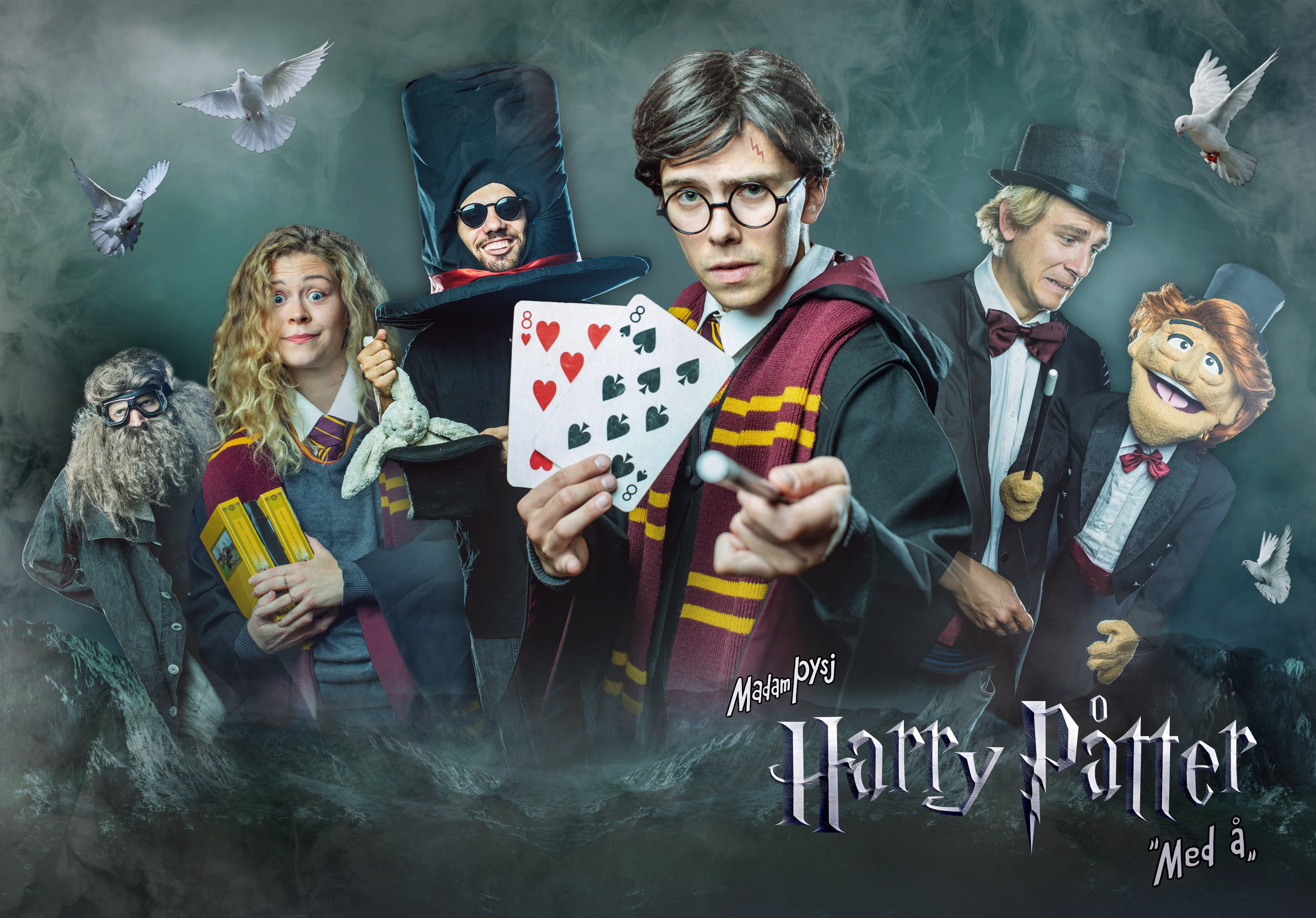 Plakaten til forestillingen Harry Påtter. 5 skuespillere poserer som ulike karakterer fra Harry Potter universet.