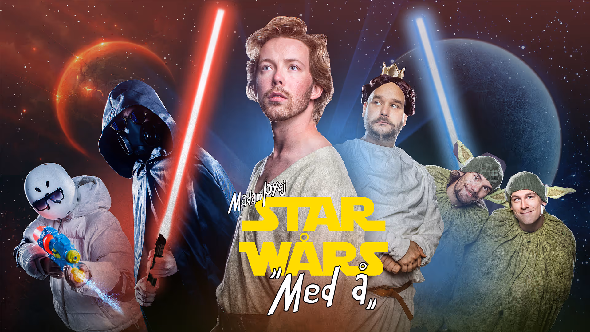 Plakaten til forestillingen Star Wars (med Å). 6 skuespiller kler seg ut i kostymer for å ligne de originale karakterene i filmene.